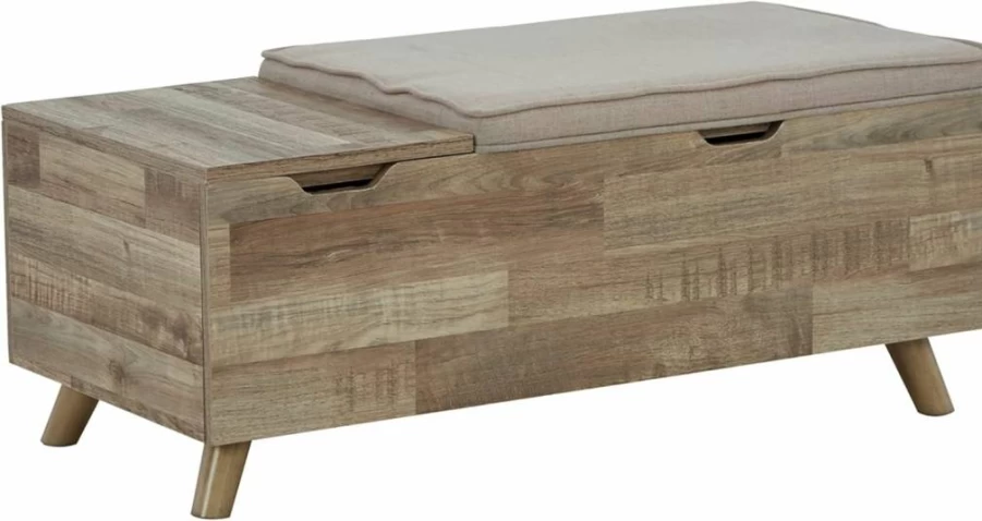 Signature Design by Ashley Gerdanet Mid-Century Modern Upholstered Storage Bench in Beige - Stylish Fabric Ottoman with Storage for Living Room or Bedroom