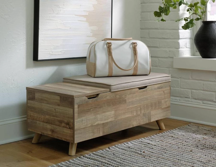 Signature Design by Ashley Gerdanet Mid-Century Modern Upholstered Storage Bench in Beige - Stylish Fabric Ottoman with Storage for Living Room or Bedroom