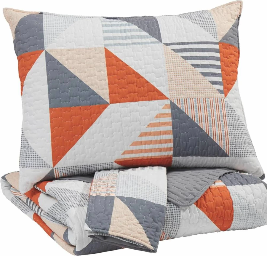Signature Design by Ashley Layne Full Size Coverlet Set with Coverlet and 2 Shams - Gray and Orange Bedding
