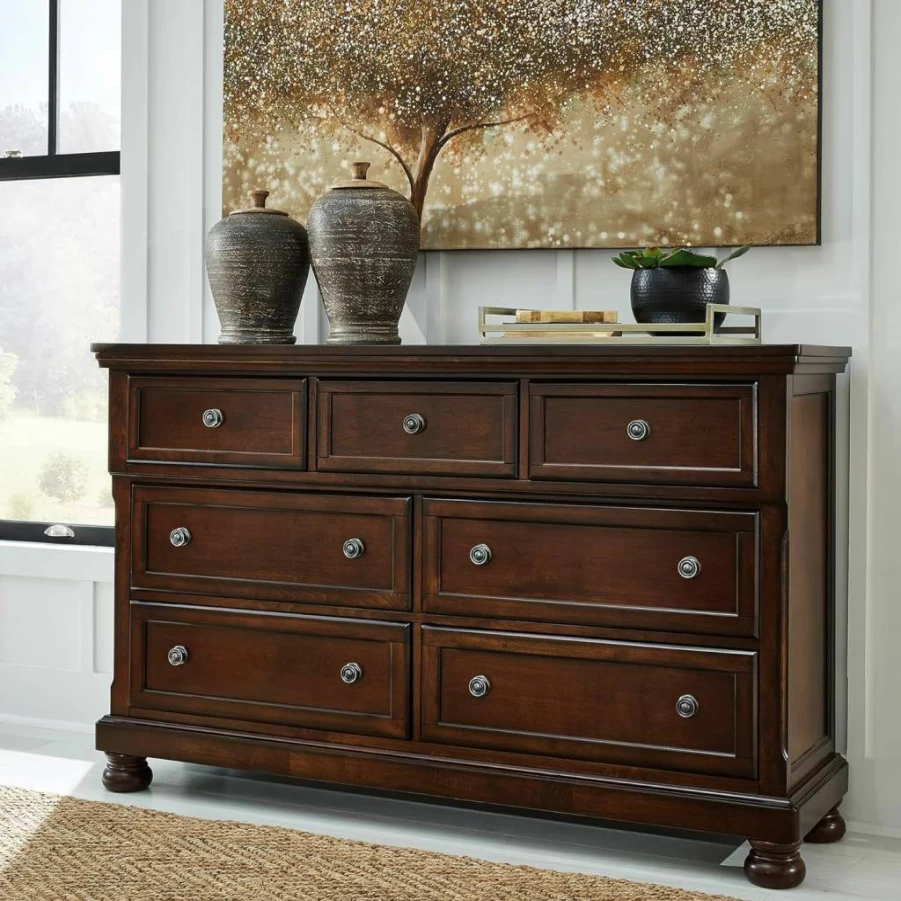 Signature Design by Ashley Porter 7-Drawer Traditional Dresser in Dark Brown - Solid Wood Chest of Drawers for Bedroom Storage