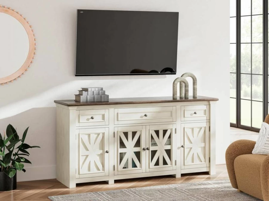 Signature Design by Ashley Bolanburg Farmhouse TV Stand for 58" TVs, Whitewash & Light Brown Finish, 2 Doors & 4 Adjustable Shelves