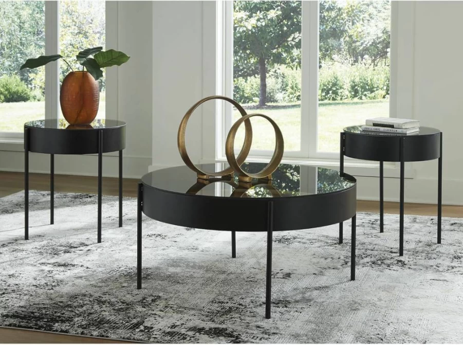 Signature Design by Ashley Ardoline Modern 3-Piece Black Glass Top Dining Table Set with 4 Metal Legs