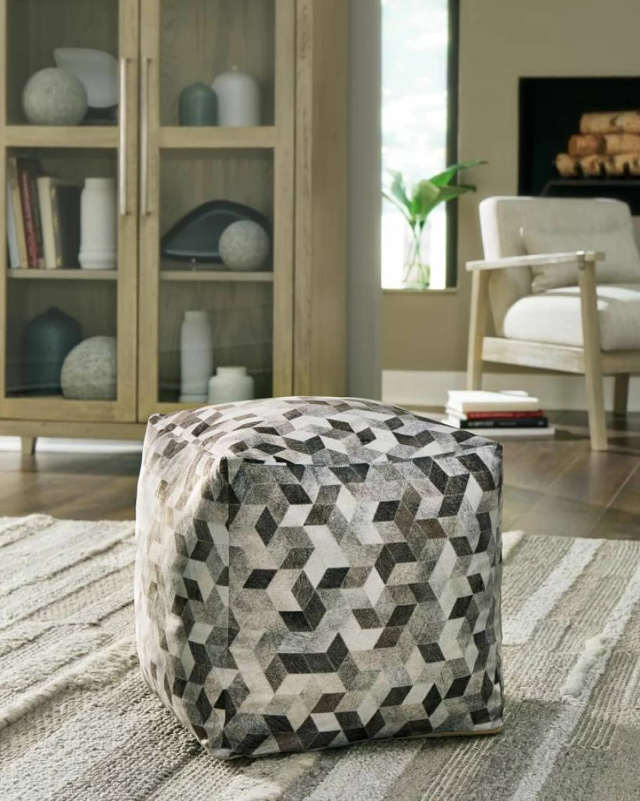 Signature Design by Ashley Albermarle 18" Geometric Pattern Pouf Ottoman in Gray & Dark Brown - Casual Living Room Footrest