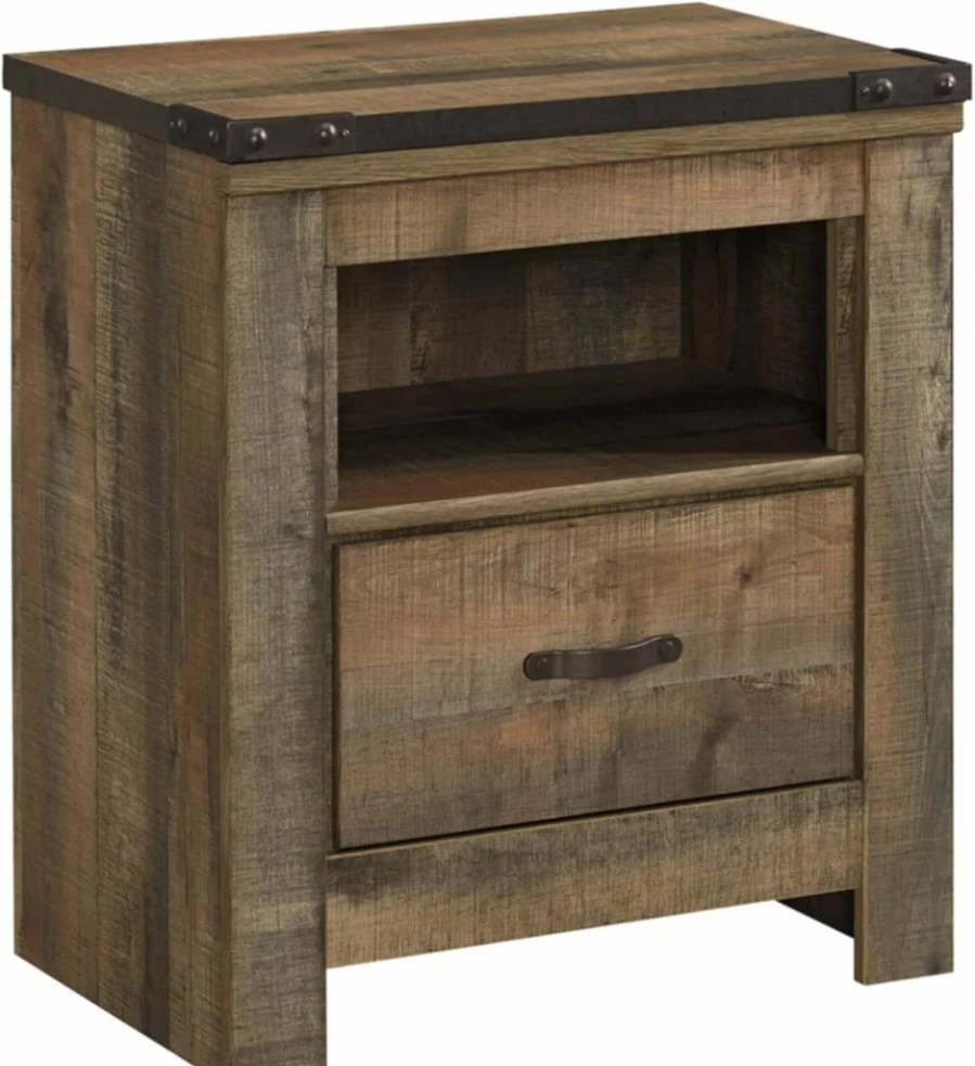 Signature Design by Ashley Trinell Rustic Nightstand with USB Charging Station, 26.22" Tall, Warm Brown Finish, 1-Drawer Bedside Table