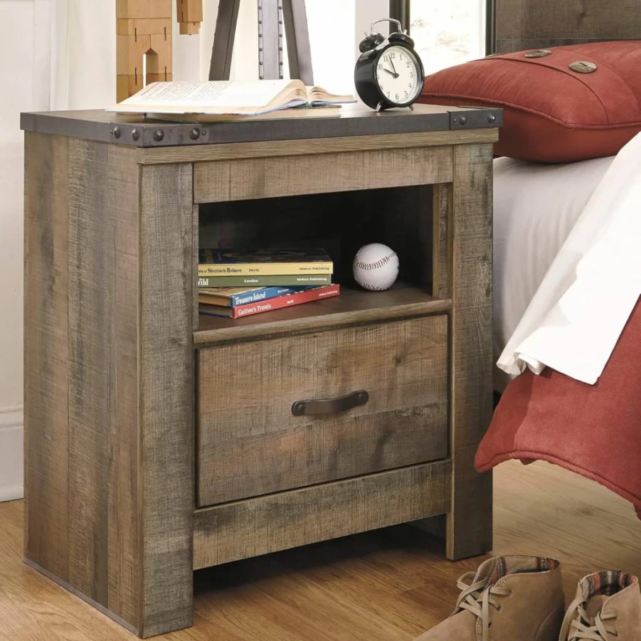Signature Design by Ashley Trinell Rustic Nightstand with USB Charging Station, 26.22" Tall, Warm Brown Finish, 1-Drawer Bedside Table