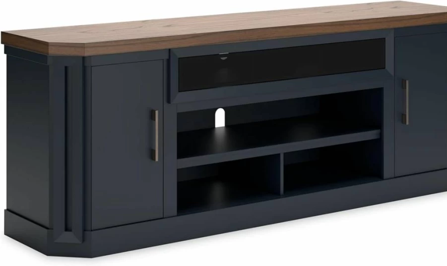Signature Design by Ashley Landocken 83" Modern TV Stand with Fireplace, 2 Cabinets & Adjustable Shelves, Dark Brown & Blue Media Console for TVs Up to 95