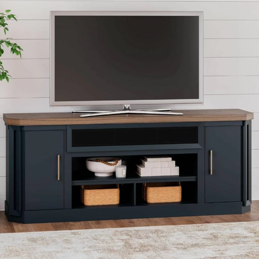 Signature Design by Ashley Landocken 83" Modern TV Stand with Fireplace, 2 Cabinets & Adjustable Shelves, Dark Brown & Blue Media Console for TVs Up to 95