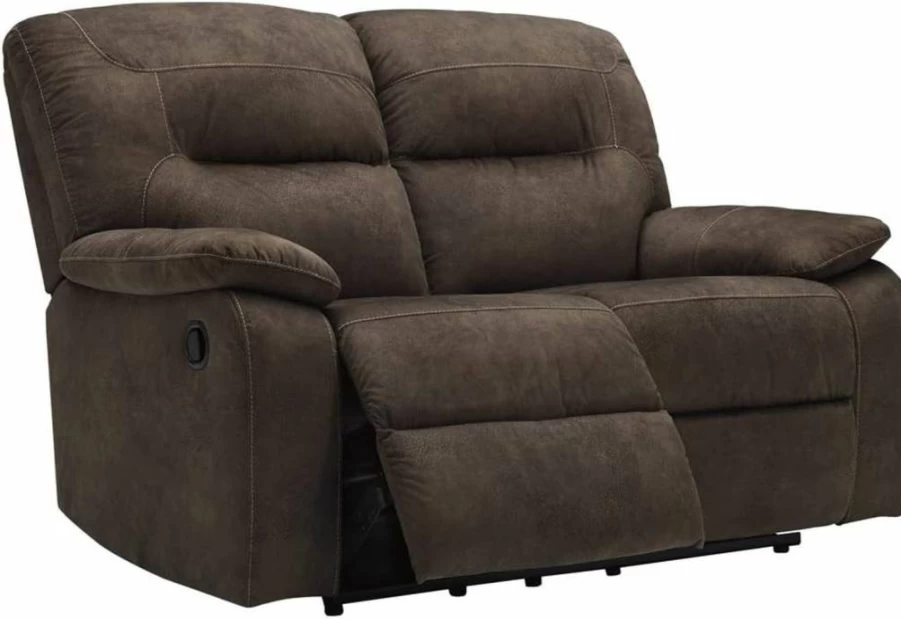 Signature Design by Ashley Bolzano Brown Faux Leather Manual Reclining Loveseat - Genuine Leather Look Comfortable Seating