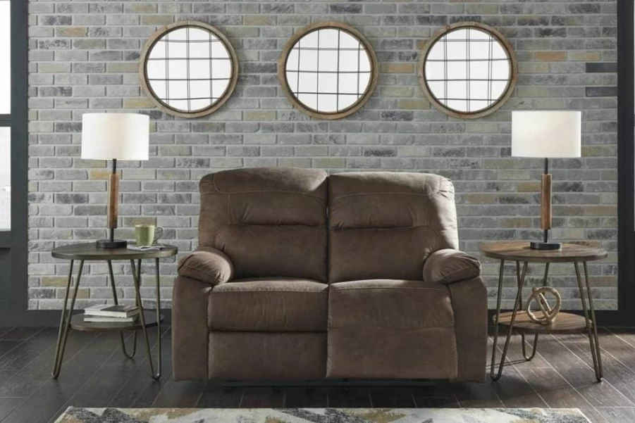 Signature Design by Ashley Bolzano Brown Faux Leather Manual Reclining Loveseat - Genuine Leather Look Comfortable Seating