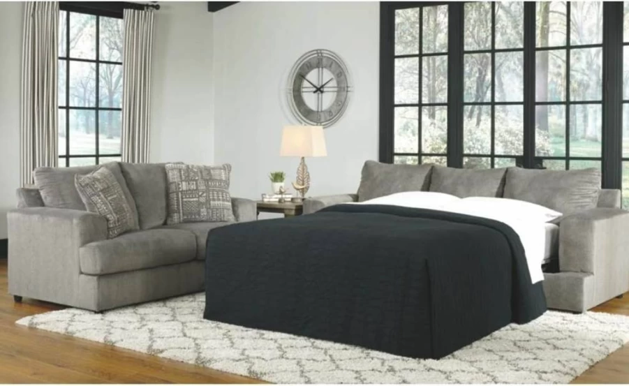 Signature Design by Ashley Soletren Queen Sleeper Sofa with Chenille Upholstery & 4 Accent Pillows, Contemporary Off-White Convertible Couch
