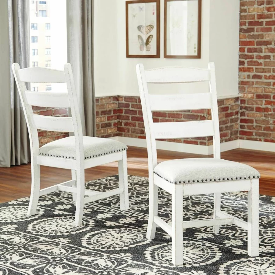 Signature Design by Ashley Valebeck Farmhouse Dining Chairs, Set of 2, Whitewashed Finish, Cushioned Seats
