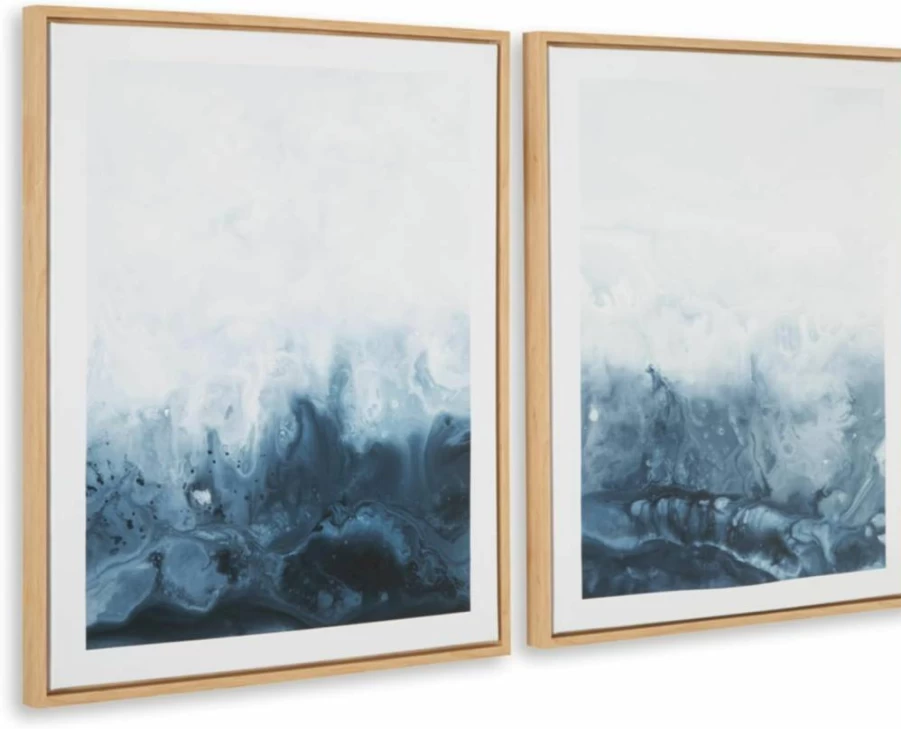 Signature Design by Ashley Holport Modern Abstract Framed Wall Art Set of 2, Blue and White Canvas Prints, Contemporary Home Decor