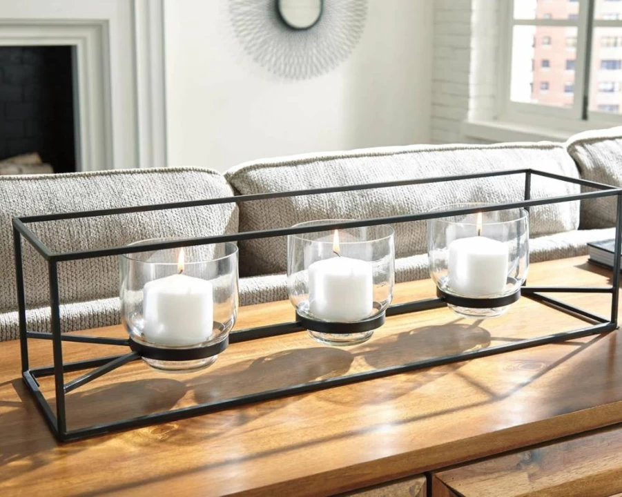 Signature Design by Ashley Jadyn Black Metal 3-Pillar Glass Candle Holder - Decorative Home Accent