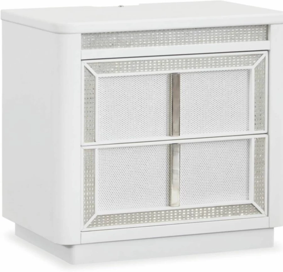 Signature Design by Ashley Chalanna Glam Nightstand - White 2-Drawer LED Accent Table with USB Ports, Power Outlet & Felt-Lined Top, 26.75" Bedside Cabinet