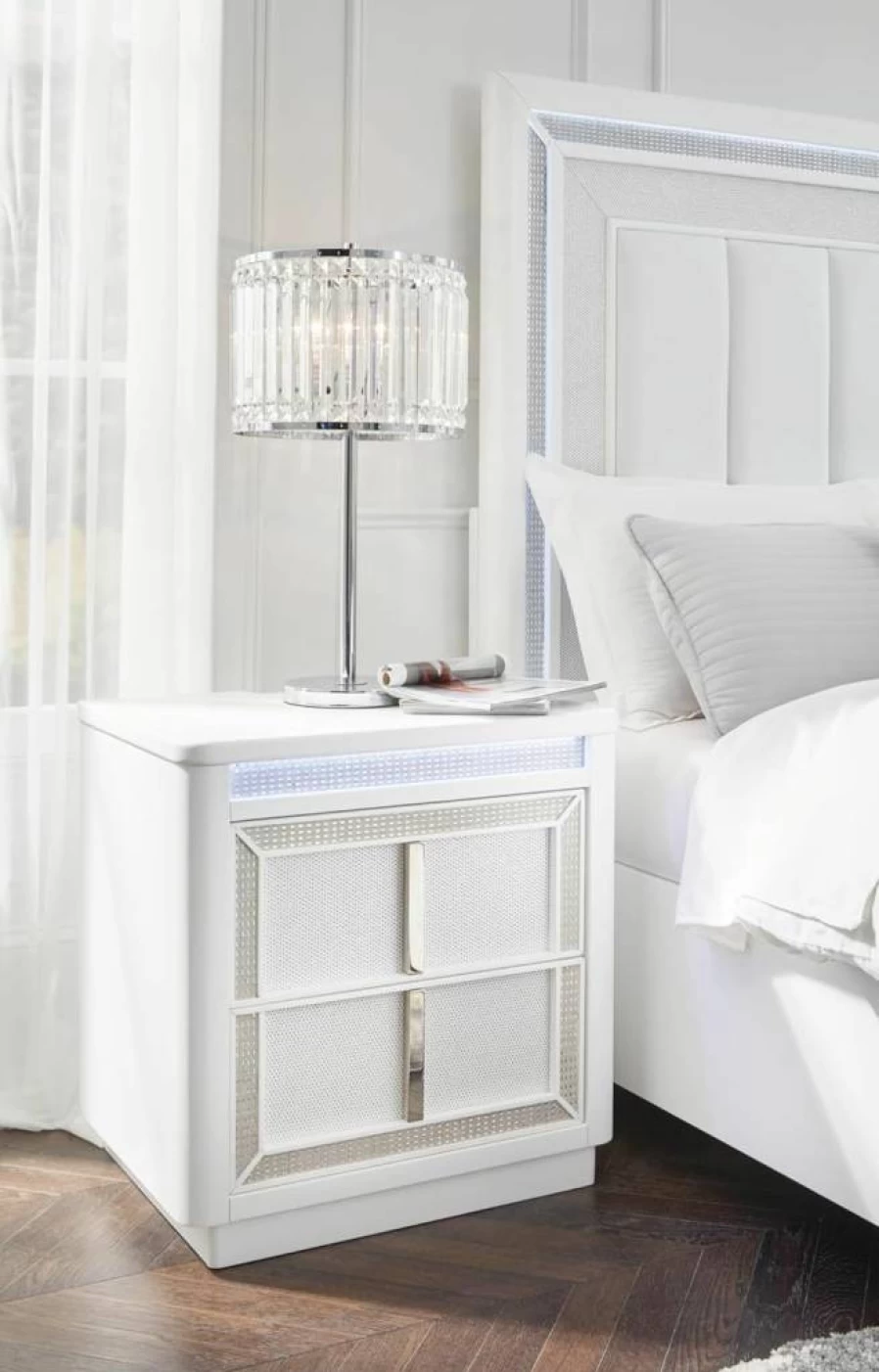 Signature Design by Ashley Chalanna Glam Nightstand - White 2-Drawer LED Accent Table with USB Ports, Power Outlet & Felt-Lined Top, 26.75" Bedside Cabinet