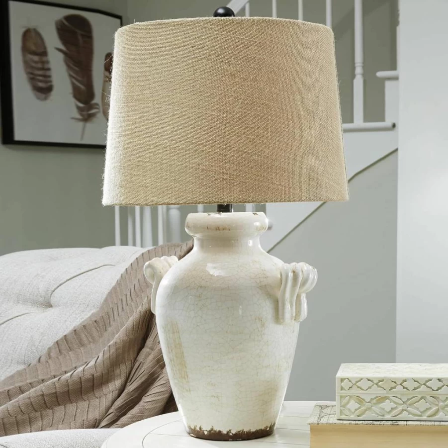 Signature Design by Ashley Emelda 27" Farmhouse Ceramic Table Lamp - Cream Glaze Crackle Finish, Rustic Home Decor Lighting