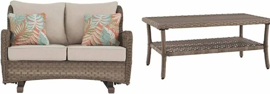 Signature Design by Ashley Light Brown Outdoor Loveseat Glider with Wicker Frame, Cushioned Seat & 2 Throw Pillows