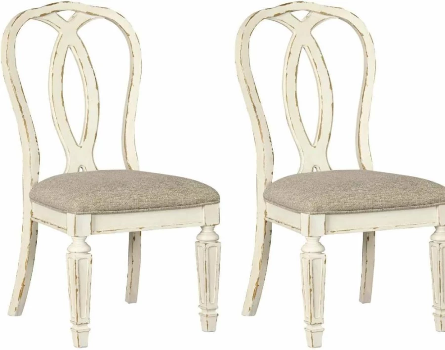 Signature Design by Ashley Realyn French Country Dining Chairs - Set of 2, Ribbon Back, Distressed White Finish