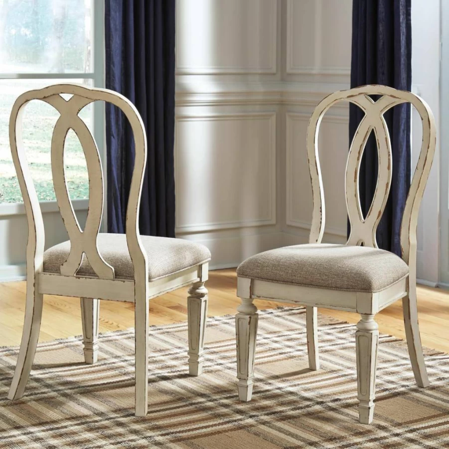 Signature Design by Ashley Realyn French Country Dining Chairs - Set of 2, Ribbon Back, Distressed White Finish