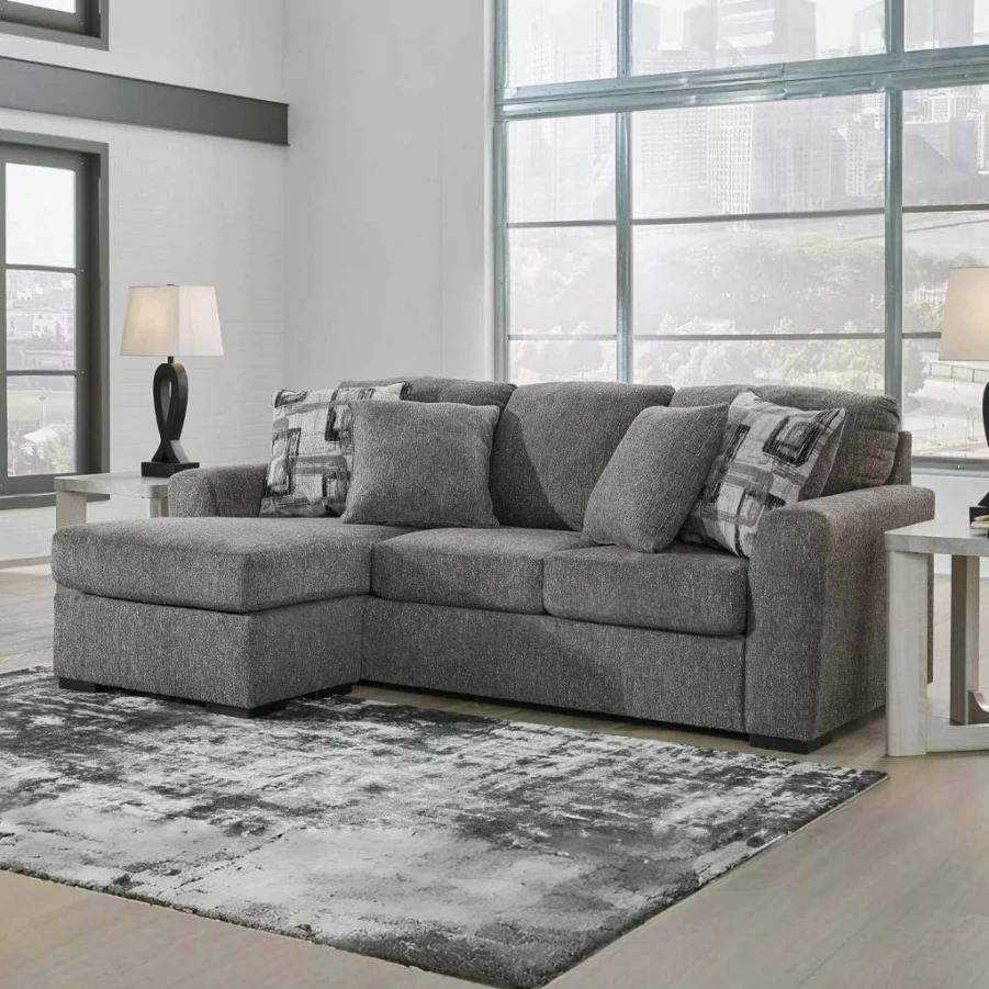 Signature Design by Ashley Gardiner Right Hand Facing Sofa Chaise with Accent Pillows, Gray Modern Casual Living Room Sectional