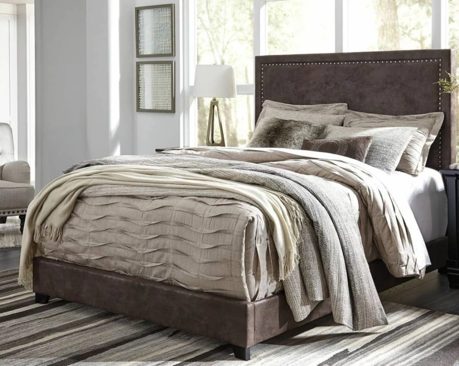 Signature Design by Ashley Dolante Queen Platform Bed in Brown Faux Leather Upholstery - Contemporary Style