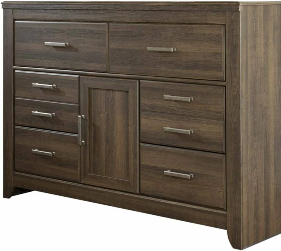 Signature Design by Ashley Juararo 6-Drawer Dresser with Cabinet & Adjustable Shelf, Rustic Dark Brown Solid Wood Chest