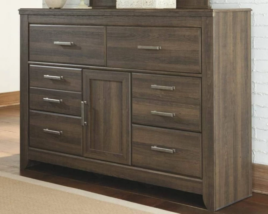 Signature Design by Ashley Juararo 6-Drawer Dresser with Cabinet & Adjustable Shelf, Rustic Dark Brown Solid Wood Chest