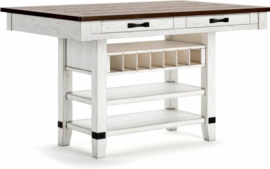 Signature Design by Ashley Valebeck Rustic White & Dark Brown Counter Height Dining Table with 4 Drawers, 2 Open Shelves, 7-Bottle Wine Rack