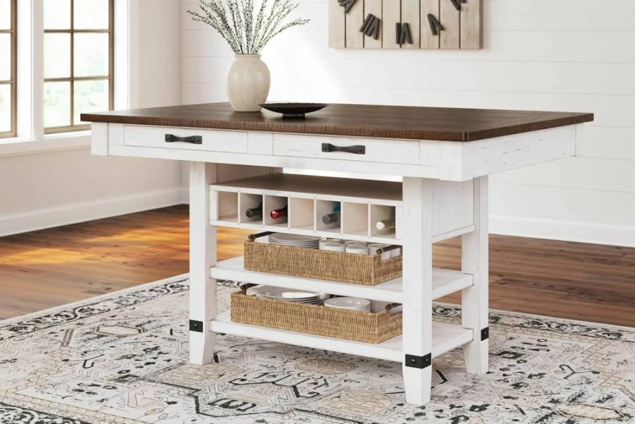Signature Design by Ashley Valebeck Rustic White & Dark Brown Counter Height Dining Table with 4 Drawers, 2 Open Shelves, 7-Bottle Wine Rack