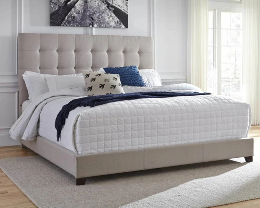 Signature Design by Ashley Dolante Queen Upholstered Tufted Bed Frame in Beige - Luxe Fabric Headboard - Modern Bedroom Furniture