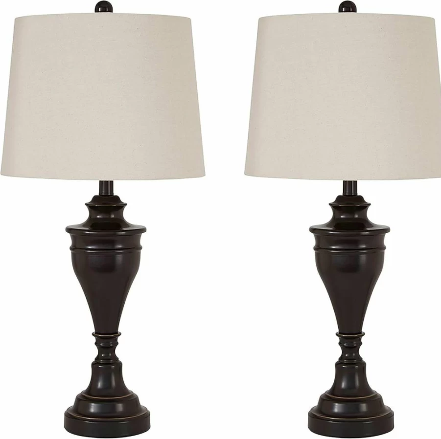 Signature Design by Ashley Darlita 29" Traditional Table Lamp with Pedestal Base - Dark Brown Finish & White Linen Shade - Set of 2