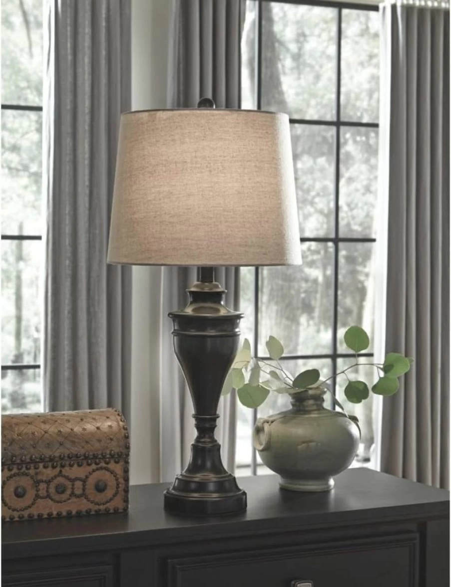 Signature Design by Ashley Darlita 29" Traditional Table Lamp with Pedestal Base - Dark Brown Finish & White Linen Shade - Set of 2