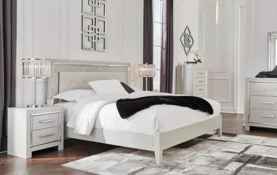 Signature Design by Ashley Zyniden Glam Nightstand - 2-Drawer Bedside Table with Wireless Charging, USB Ports, Beige & Chrome Finish, 24.45" Height