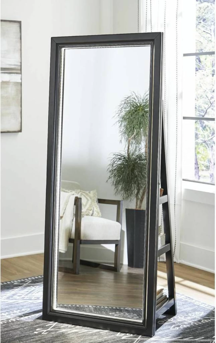 Signature Design by Ashley Evesen Modern LED Floor Mirror with 3 Shelves - Black Full-Length Standing Mirror for Home Decor