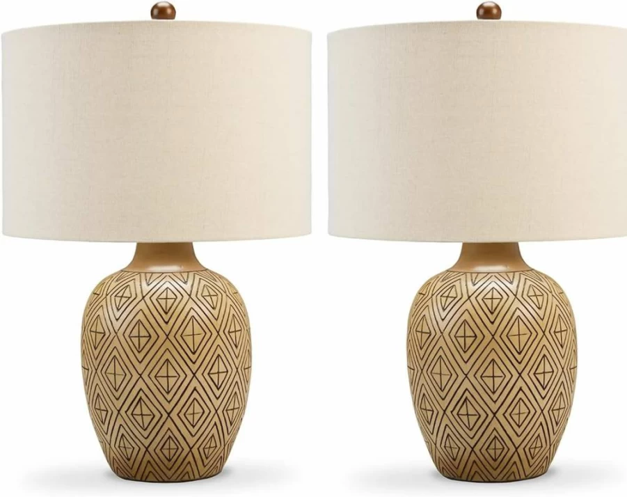 Signature Design by Ashley Jairgan 23.25" Bohemian Style Polyresin Table Lamp Set - 2-Piece Light Brown & Beige Lamps for Home Decor