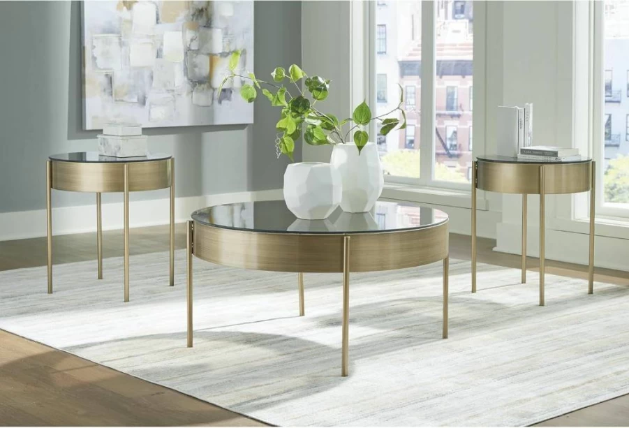 Signature Design by Ashley Jettaya Modern 3-Piece Glass Top Dining Table Set with Metal Legs, Tempered Glass, Metallic Finish